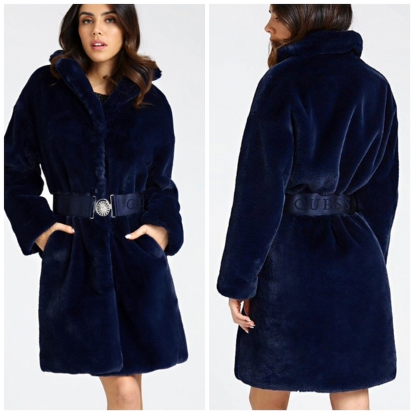 NEE GUESS Shelly Belted Faux-Fur Coat SZ S - Picture 1 of 5